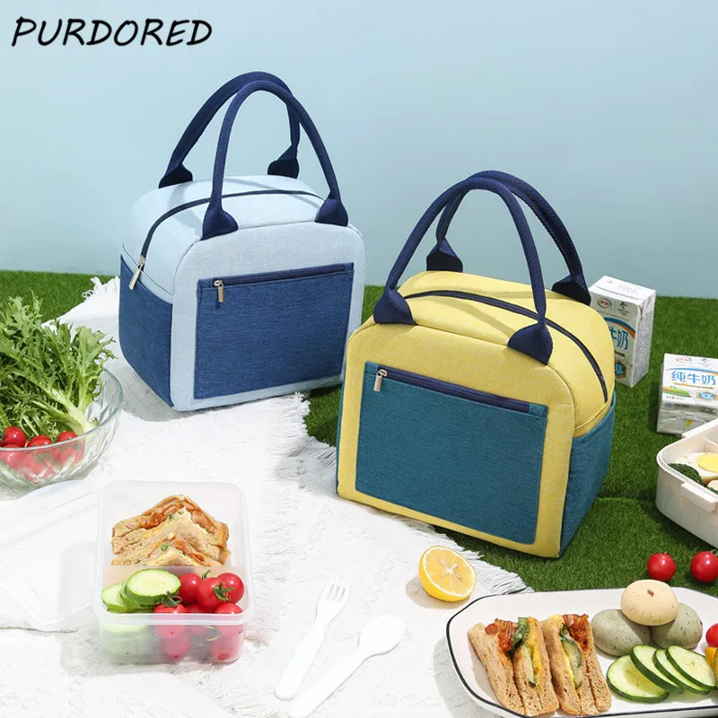 

PURDORED 1 шт. новая сумка для ланча контрастных цветов, водонепроницаемая большая сумка из ткани Оксфорд для хранения еды, дорожная уличная дет...