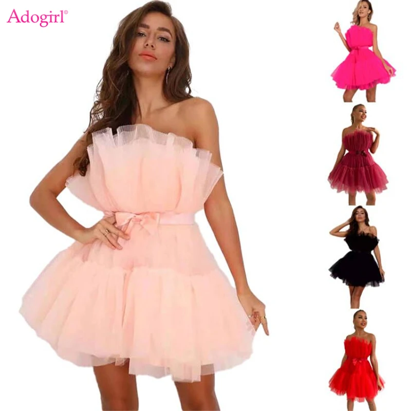 

Adogirl Layered Mesh Strapless Mini Party Dress 2022 Women Elegant Sexy Bow Clubwear Backless Summer Evening Ball Gown Vestidos