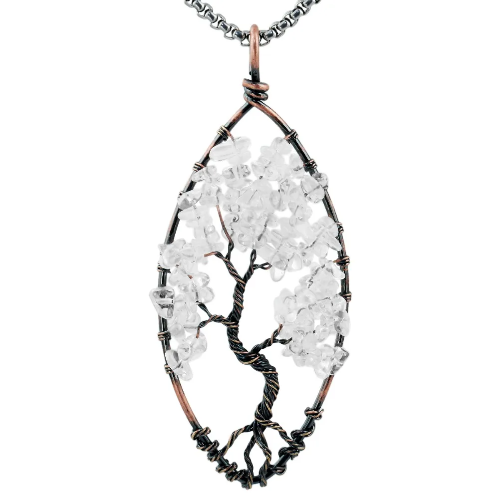 

SUNYIK Rock Quartz Crystal Tumbled Stone Tree of Life Pendant,Wire Wrapped Healing Chakra Necklace Fit Necklace