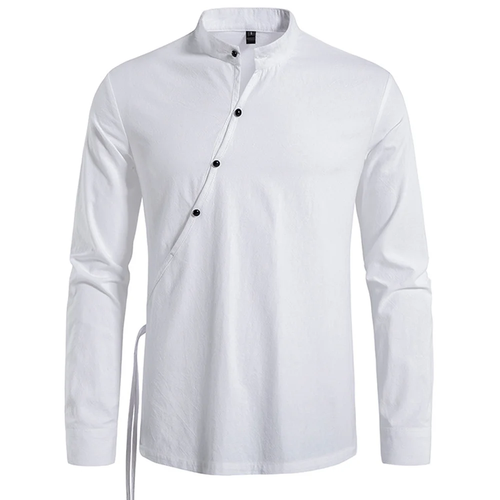 

Linen Placket Retro Oblique Polo Shirt Mans Tees Long Sleeve Khaki Black White Summer T Shirts For Man European Top Clothing