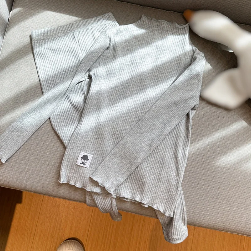 Пижамный Комплект Для Девочек С Длинным Рукавом И Брюками Хлопковая Однотонная