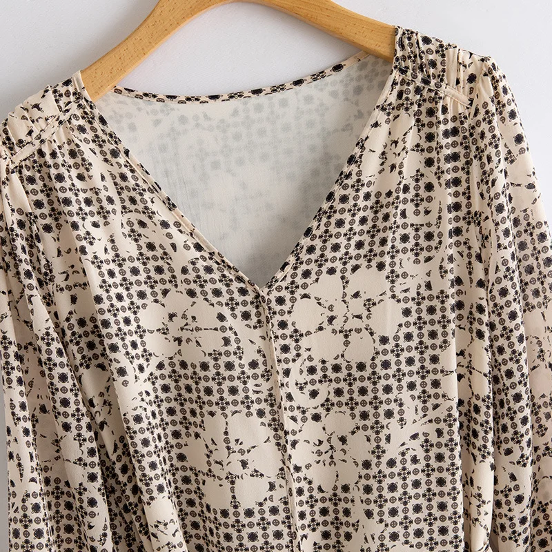 Платье женское из натурального шелка с V-образным вырезом и длинным рукавом