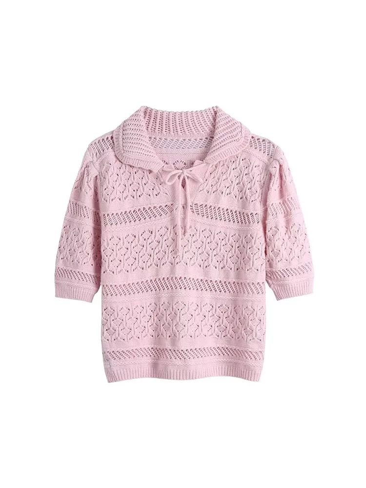 

YLJHQX 2022 Summer Women Fashion Jacquard Mesh Knit Sweater Versatile Short Sleeve Lapel Lacing Female Short Pullivers Chic Top