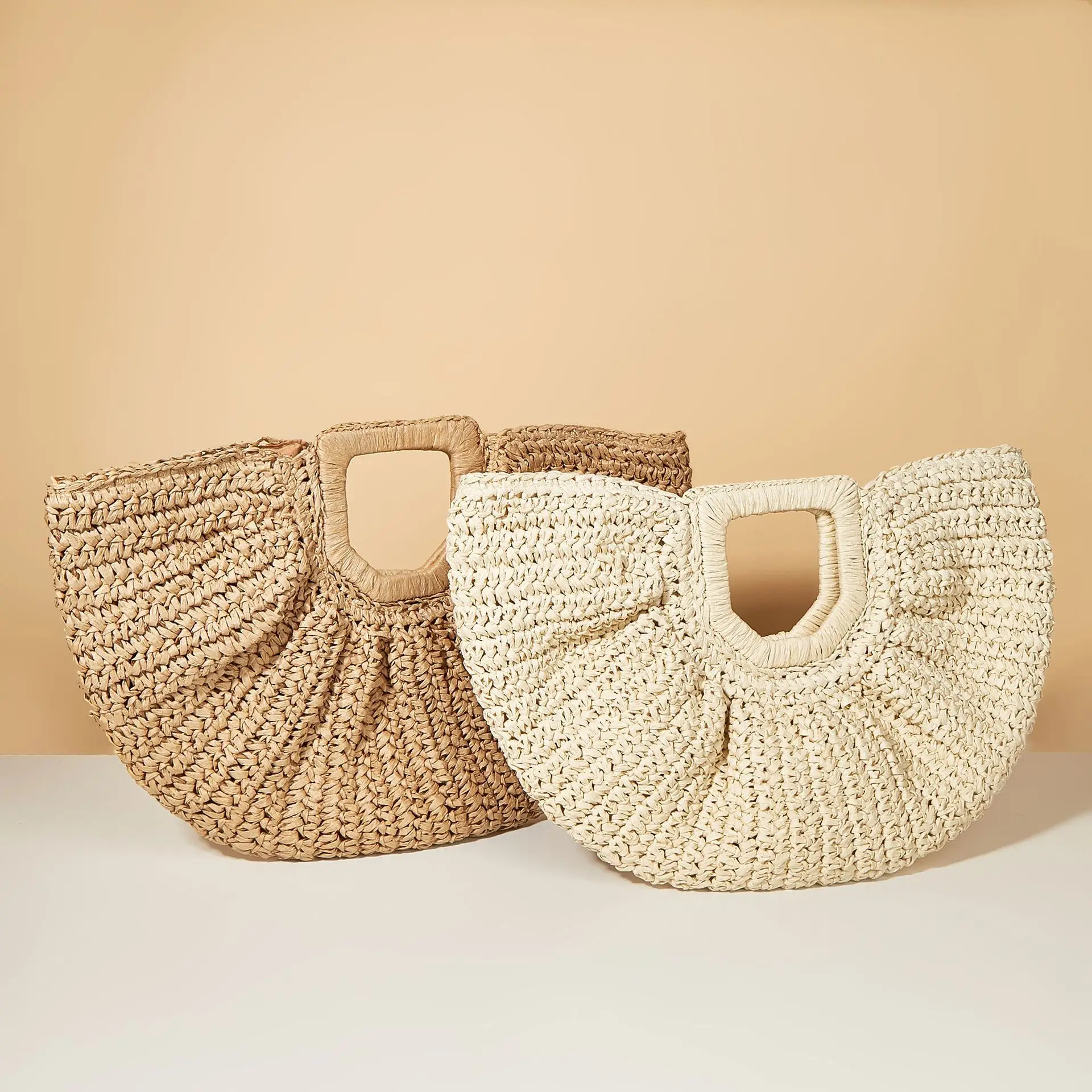 

Bohemian Half Moon Straw Bag Folds Women's Handbags Paper Rope Rattan Beach Bag Summer Semicircle Woven Bags for Women 2022 Tote