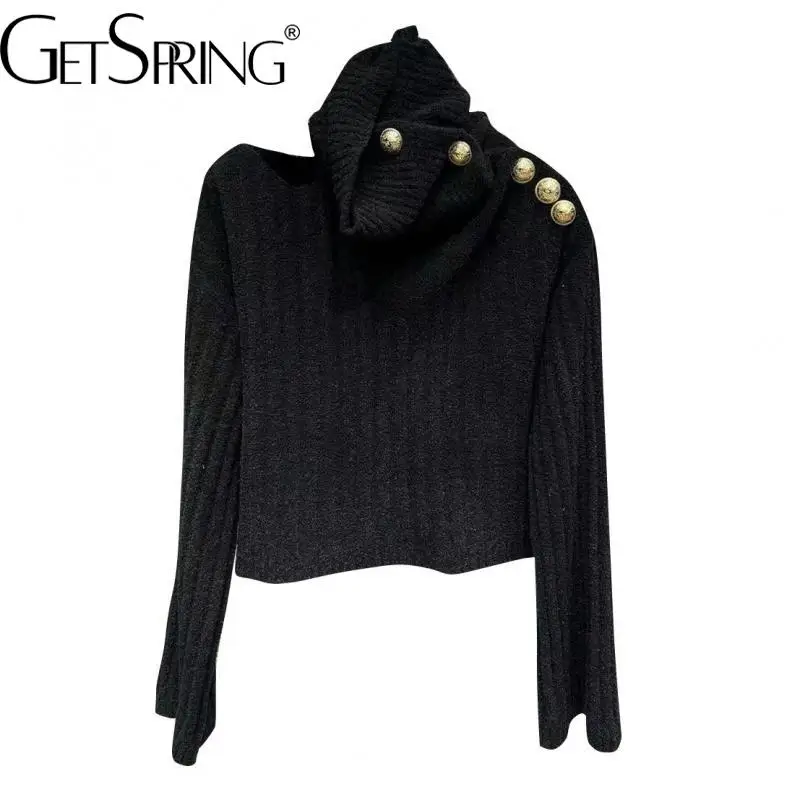 

Getspring Women Sweater Asymmetry Hollow Out Turtleneck Pullover Sweaters Irregular White Black Sexy Knitting Tops 2022 New