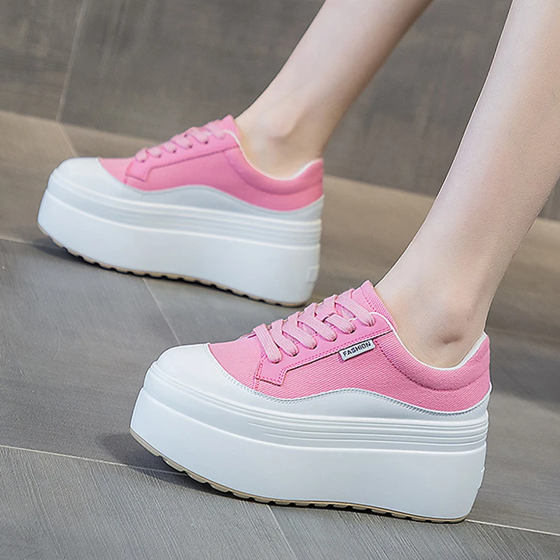 8cm New Canvas Genuine Leather Women Fashion Sneakers Platform Shoes Wedge Hidden Heel Ladies Summer Mixed Color Vulcanize shoes
