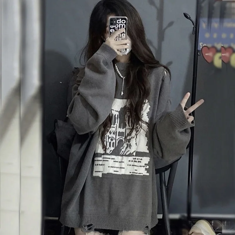 

Hot sale Deeptown Grunge Gothic Grey Sweater Women Harajuku Hollow Out Graphic Jumper Oversize Retro Streetwear Pullover Knitted