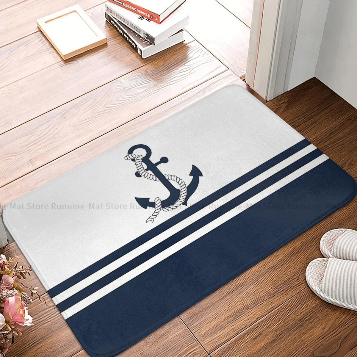 

Anchor Non-slip Doormat Bath Mat Nautical Blue Wwhite Stripes Floor Carpet Entrance Door Rug Bedroom Decorative