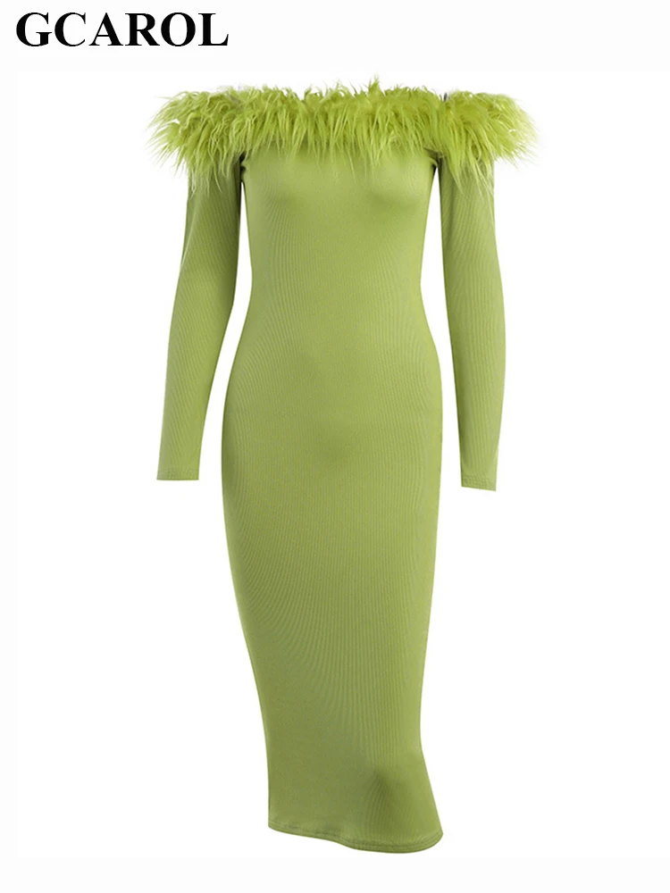

GCAROL Women Faux Fur Collar Slash Neck Bodycon Dress Gorgeous Sexy Wrap Stretch Hip Long Sleeve Knit Long Dress Party Cocktail