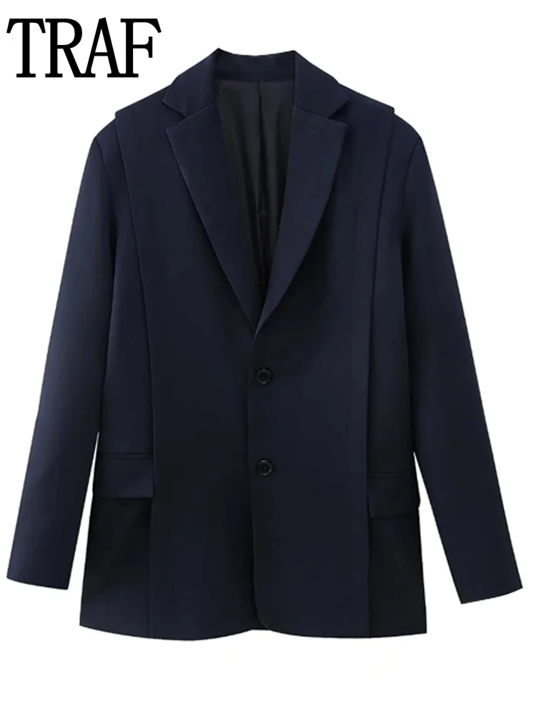 

TRAF Blue Long Blazer Autumn Winter 2022 Long Sleeve Female Blazer Office New In Outerwears Oversize Blazer Woman Jacket