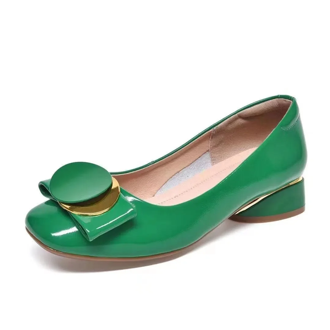 

Женские классические туфли на квадратном каблуке, зеленые повседневные офисные туфли-лодочки без застежки с круглым носком, модель F92e на весну