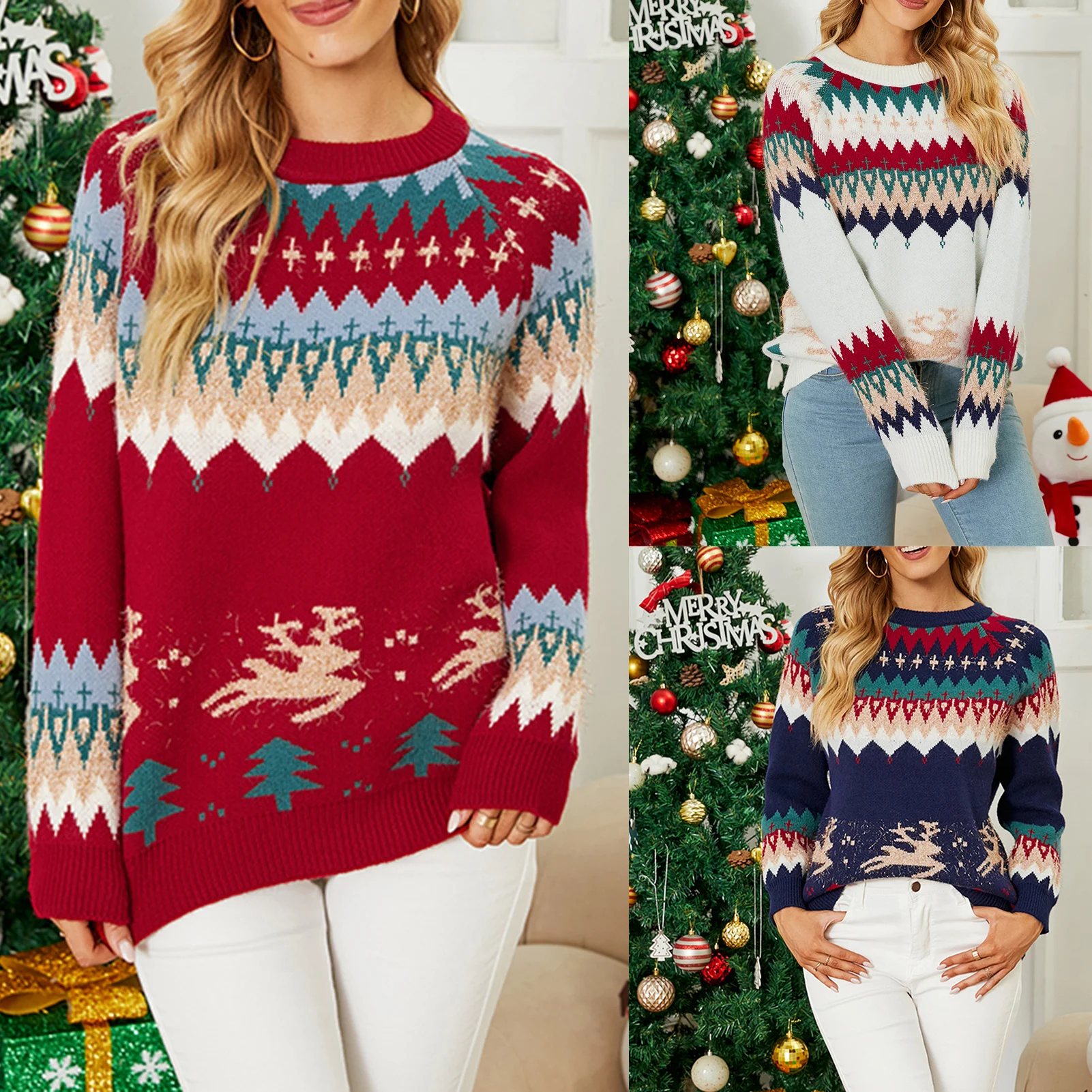 

Christmas Womens Sweater 2023 New Year's Knitwear Clothing Jumpers Warm Thick Casual O Neck Knitwear Xmas Look Tops Outfit Y2k