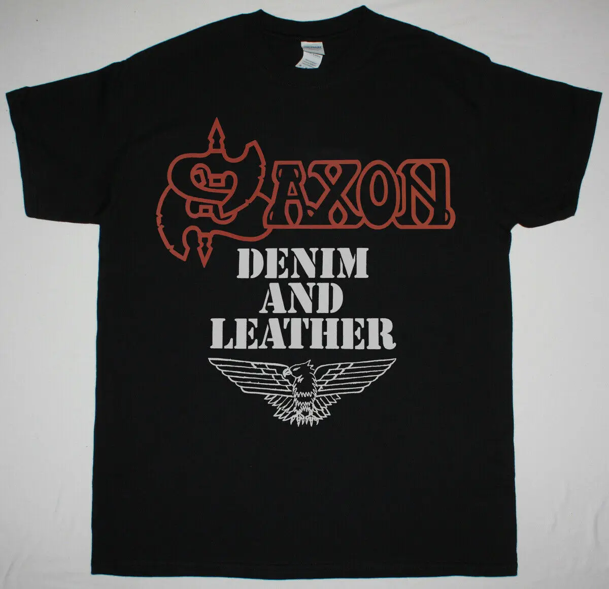 

SAXON DENIM AND LEATHER 1981 BLACK T SHIRT HEAVY METAL ACCEPT TOKYO BLADE