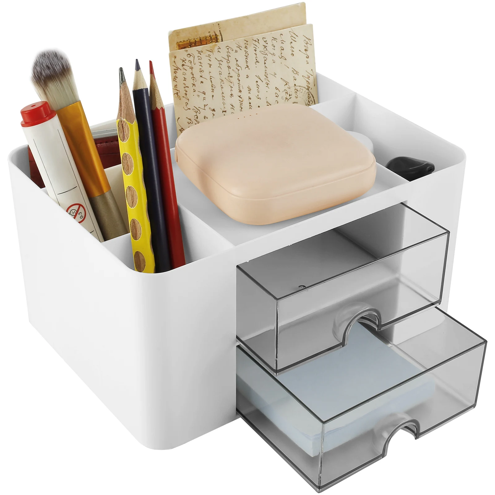 

Desk Organizer Caddy with Clear Drawer Multifunctional Pen Holder Desk Drawer with Compartments Reusable Desk Storage Box