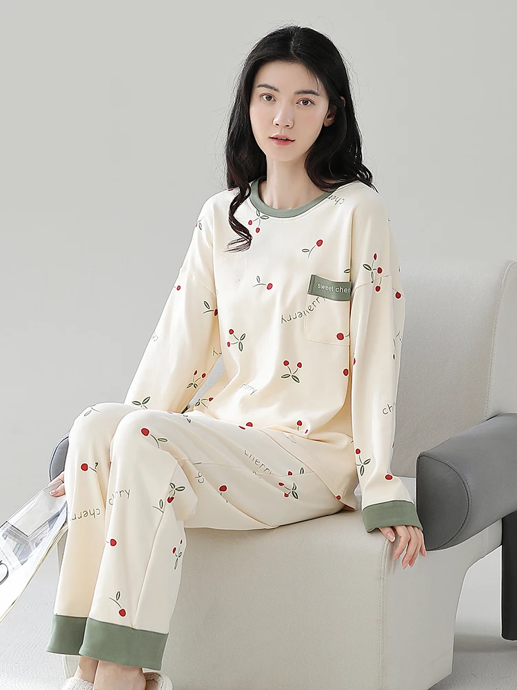 Пижамы женские весенне-осенние с нагрудником Цельный из чистого хлопка длинными