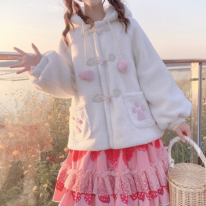 Anbenser Women Lolita Coats Japanese Sweet Autumn Winter Rabbit Ears Warm Soft Plush Cute Cat Kawaii Hooded Jackets Outwear
