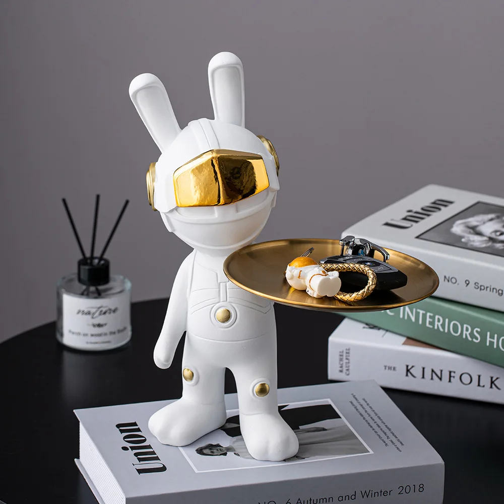 

Space Rabbit Statue Key Storage Iron Tray Creative Home Decoration Resin Sculpture Model Living Room Decoration Desk Accessories
