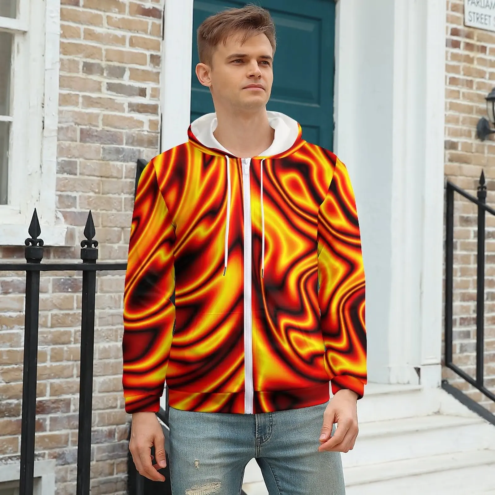 

Thin Black Line Hoodie Fireball Print Winter Hoodies Nice Men Zip Up Hoodie Men Oversize