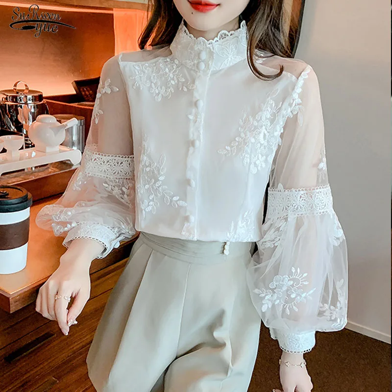 

Stand Collar White Embroidery Spring Blusas Blouse Elegant Sweet Lace Mesh Shirts Lantern Sleeve Tops Women's Clothing 23277