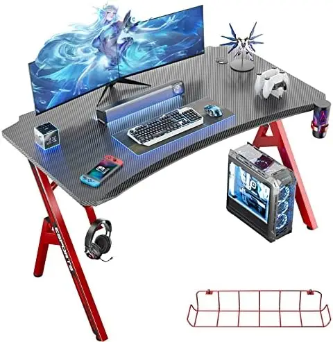 

Desk, 55 Inch Gaming Computer Desk with Carbon Fiber Desktop, Large Y Shaped Gamer Desk with Cup Holder and Headphone Hook, 55&#