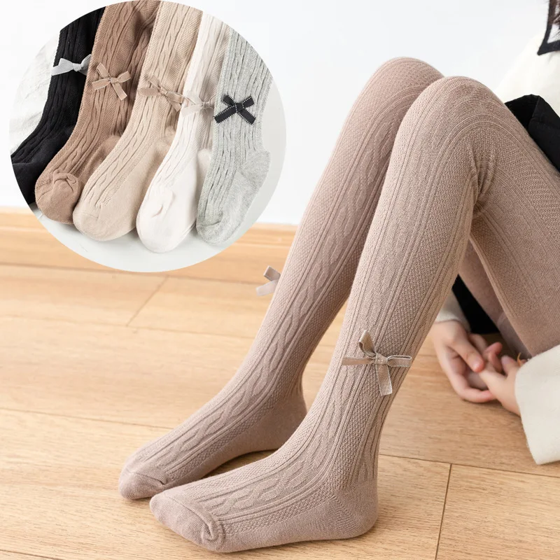 

Осенние Колготки принцессы для девочек, детская одежда, Хлопковые вязаные теплые детские цельнокроеные колготки с бантом из ПП белого цвета для танцев