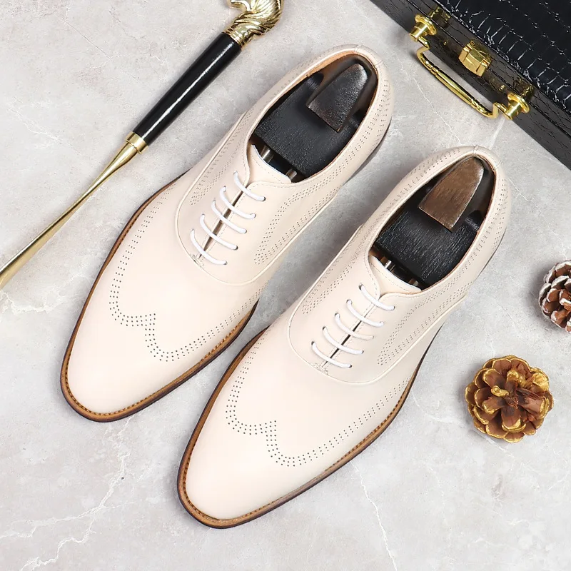 White Leather Shoes for Men Luxury Quality Wedding Groom Suit Genuine Leather Classic Designer Brogues Men's Dressing Shoes 2022