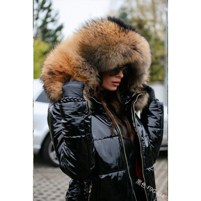 2022 Winter Women's Trendy Waist-Tight Mid-Length Parkas Coat Big Fur Collar Hooded Glossy Fashionable Warm Jacket