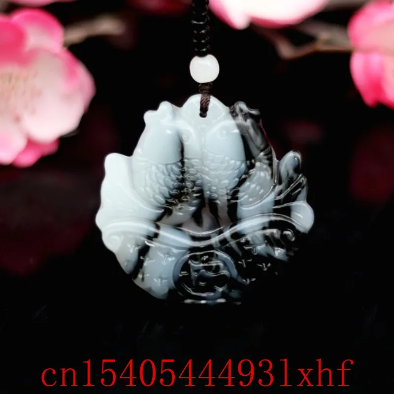 

Natural Black White Jade Carp Pendant Necklace Fashion Jewelry Carved Jadeite Safety Gemstone Charm Amulet Gifts for Women Men