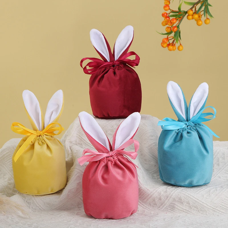 

10PCS Favor Pouch Soft Mini Gift Storage Bags Easter Candy Cookie Wrapper Cartoon Bunny Ears Velvet Bag Festival Party Supplies
