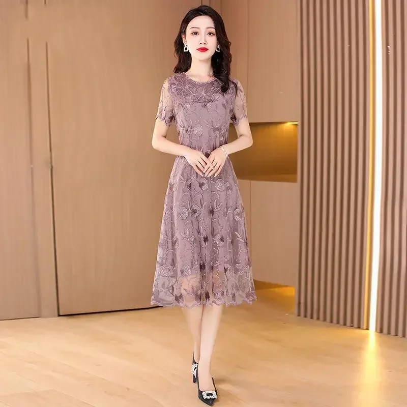 

Сетчатое вышитое фиолетовое платье, летнее модное благородное однотонное платье для мам с круглым вырезом и коротким рукавом