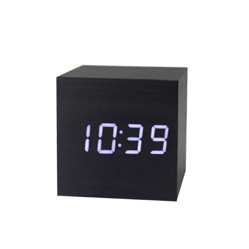 

Mini Digital Led Wooden Square Clock Display Brightness Adjustment Voice Control Induction Snooze Home Bedroom Office Decoration
