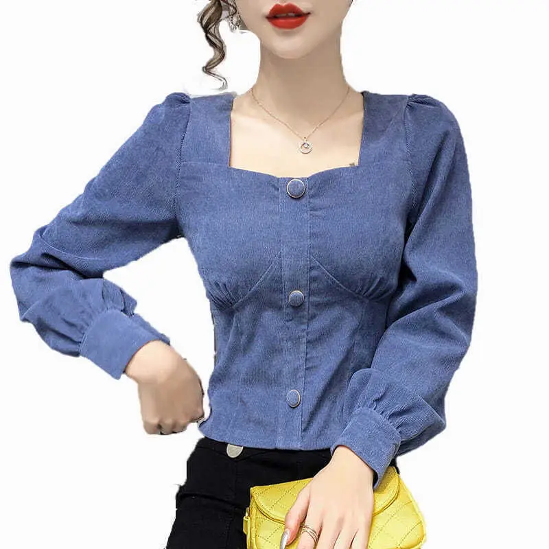 Women Shirt Blouse 'S 2022 Clothing Square Collar Long Sleeve Top Corduroy Blusas Mujer |