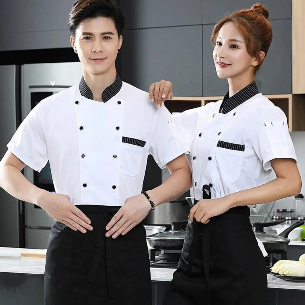 

Chef Top Short Sleeve Double Breasted Patch Pocket Splicing Color Chef Uniform Women Men Service Bakery Breathable Chef Shirt