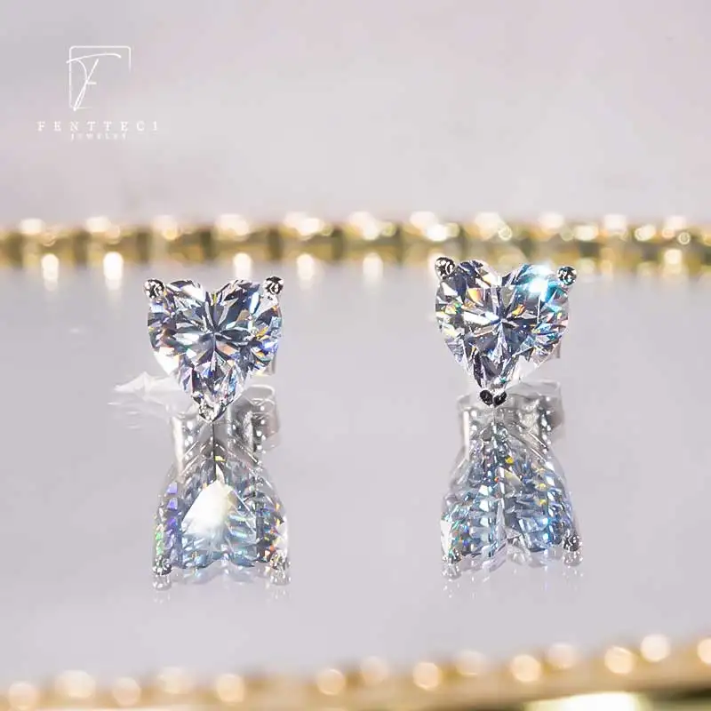 FENTTECI S925 Sterling Silver Real Moissanite Diamond Stud Earrings Heart Shaped for Women Jewelry Wedding Engagement With GRA