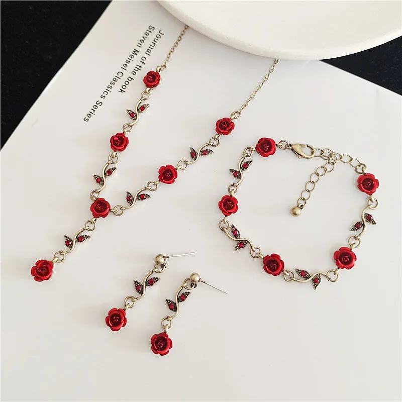 

Amorcome Elegant Metal Rose Flower Pendant Necklace Link Chain Collar Necklace Bracelet Vintage Women's Jewelry Mothers Day Gift