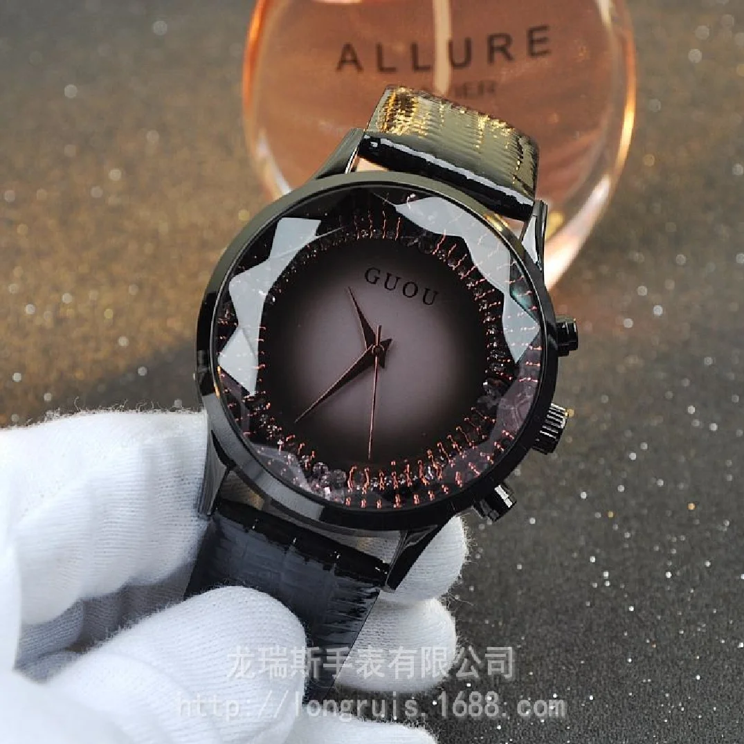 Fashion Hk Guou Brand Quartz Lady Watch Rhinestone Waterproof Women's Genuine Leather Upscale Large Dial Luxury Gift Wristwatch