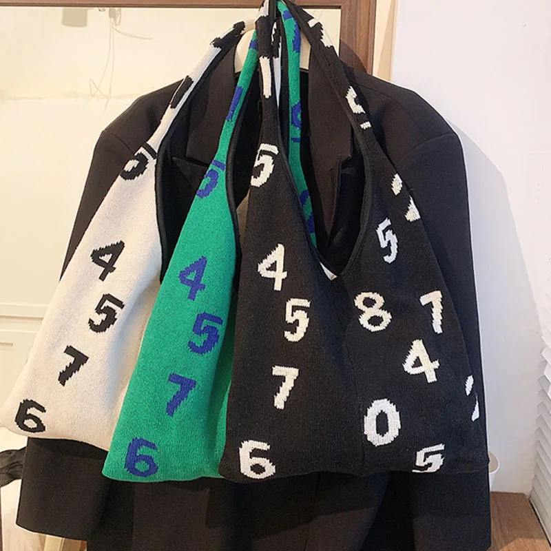 

Casual Versatile Large Capacity Handbag Digital Knitted Contrast Totebag 2023 New Knitted Fashion Trend Women's Shoulder Bags