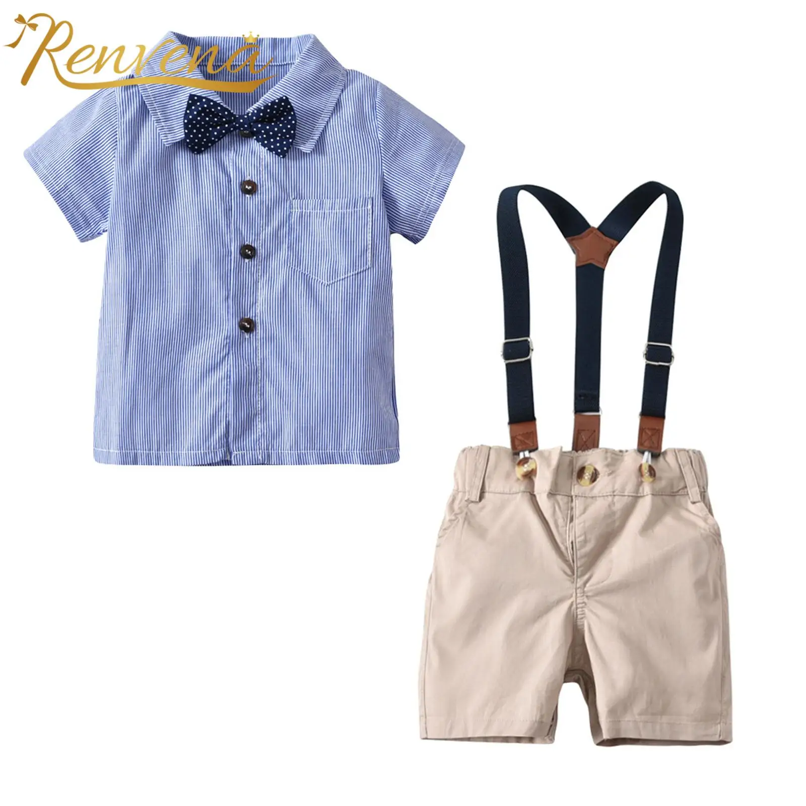 

3Pcs Baby Boys Gentleman Outfit Set Short Sleeve Striped Shirt with Khaki Suspender Shorts Birthday Party Baptism Toddlers Suit