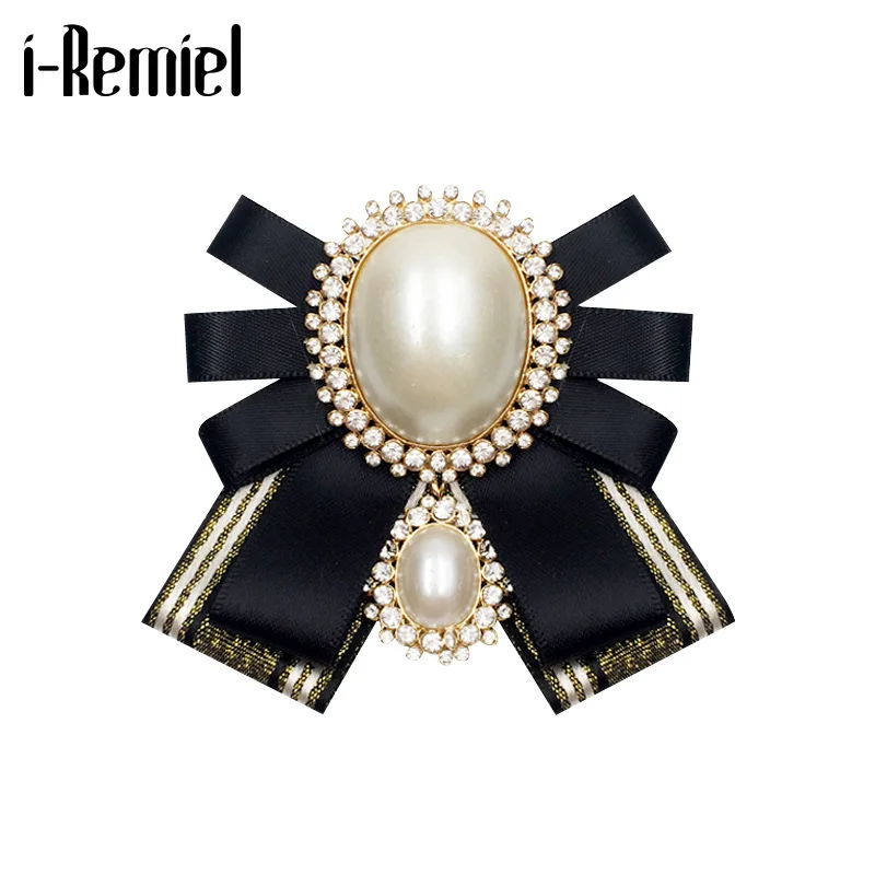 

i-Remiel Fashion New Korean Pearl Bow Tie Brooch for Female Ancient Rhinestone Lapel Pin Badge Corsage Shirt Collar Accessories