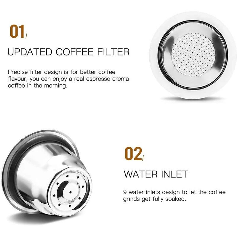 Капсулы многоразовые из нержавеющей стали 3 шт. подушечки для Nespresso + 1 тампер