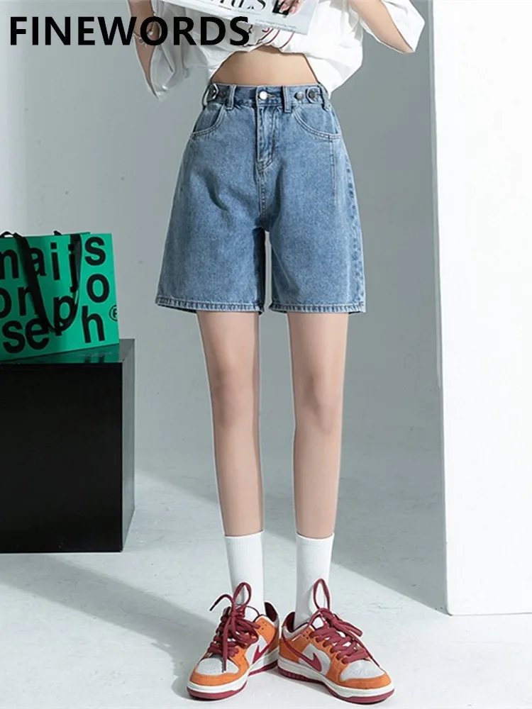 

FINEWORDS High Waist Summer Wide Leg Denim Shorts Women Korean Casual Loose Middle Shorts Harajuku Streetwear Retro Short Jeans