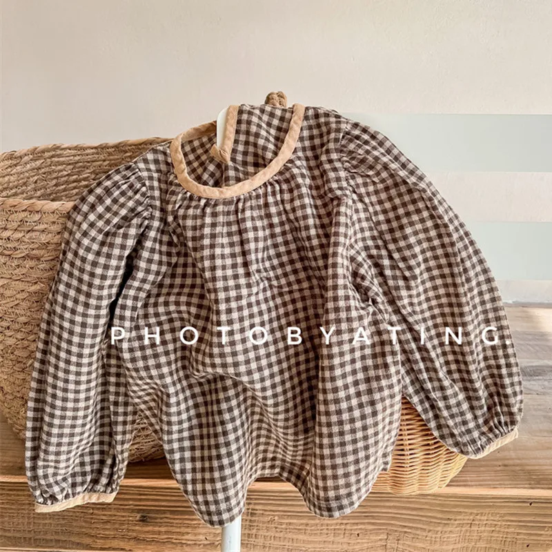 

2022 Spring New Korean Style Baby Girls Plaid Blouses Puff Sleeve Tops Children Cotton Linen Shirts Kids Clothes
