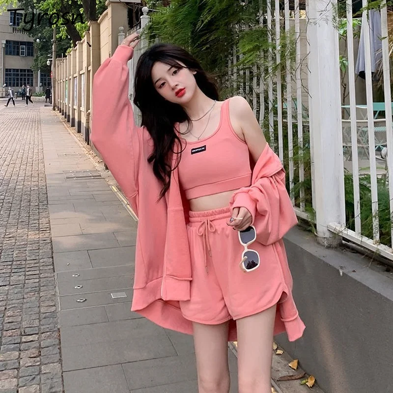 

Sets Women Zip-up Design Hooded Hoodies Streetwear Camis Drawstring Wide-leg Loose Shorts Mujer Elegant 3 Pieces Korean Fashion