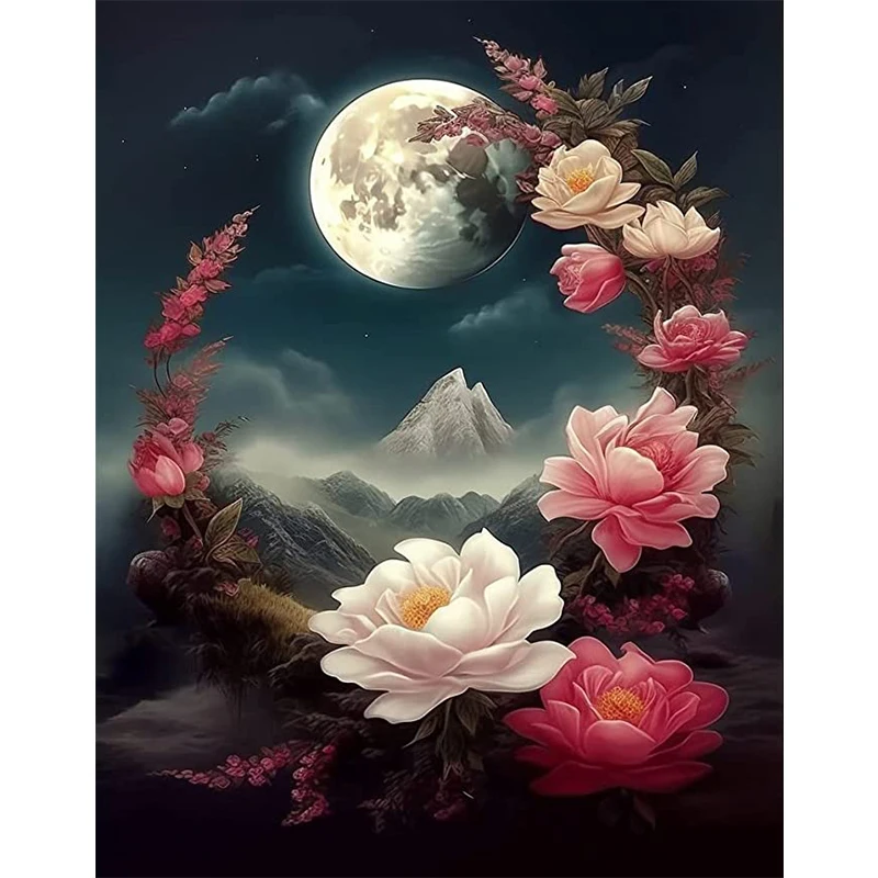 

DIY 5D Diamond Painting Flowers Peony Mountain Diy Full Round Rhinestone Drill Mosaic Cross Embroidery Moon Rose Home Decoration