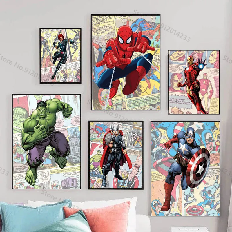 

Marvel Superhero Canvas Painting Hulk Spiderman Ironman Poster Nordic Abstract Comics Wall Art Pictures for Living Room Decor