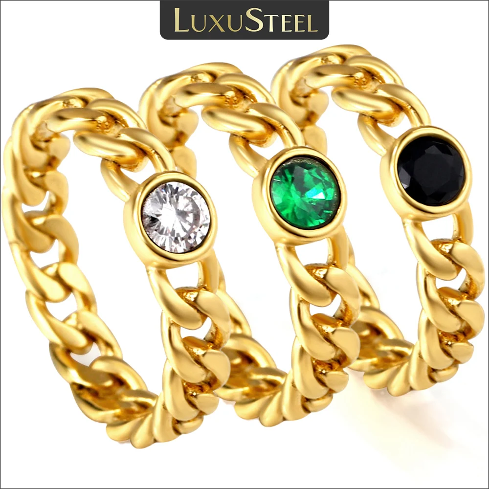

LUXUSTEEL Minimalist Stainless Steel CZ Rings For Women Girls Cuban Link Chain White Green Black Crystal Finger Jewelry Gifts