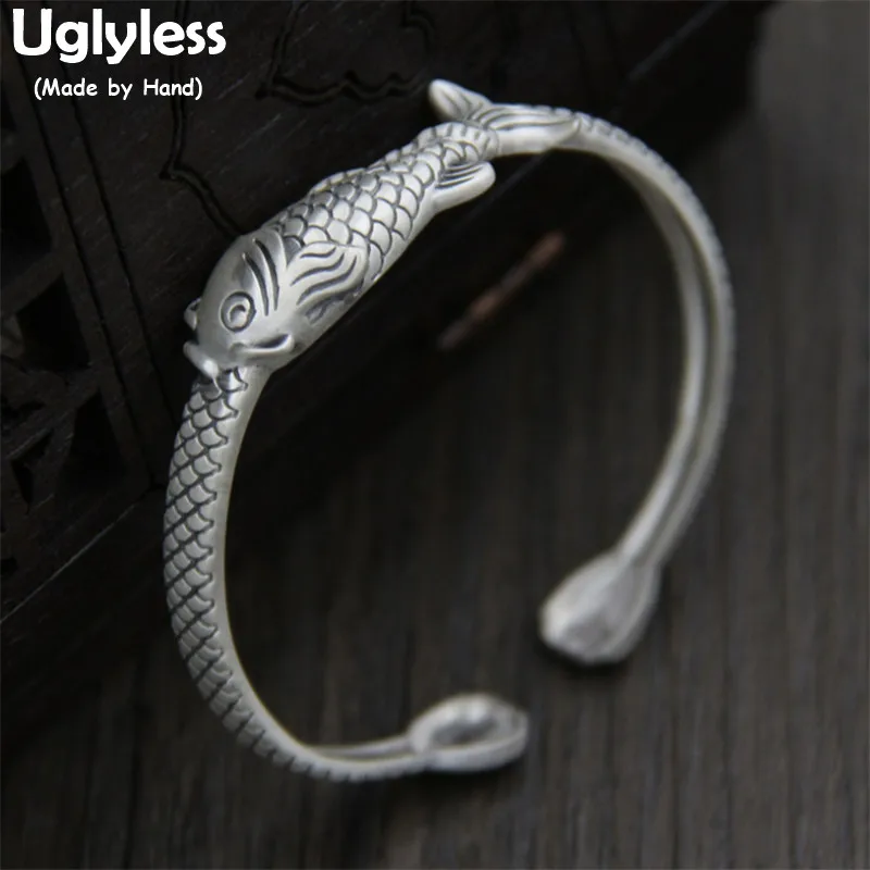 

Uglyless Real S 999 Fine Silver Women Dress Jewelry Handmade Carved Fish Open Bangles Vintage Tribe Totem Patterns Bijoux Ethnic