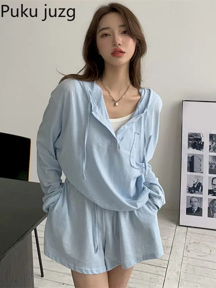 

Puku Juzg Running Suit Women's Loose Hooded Long-sleeved Sweater Gym Shorts 2022 New Cotton Sports Suit Female Jogging Suits