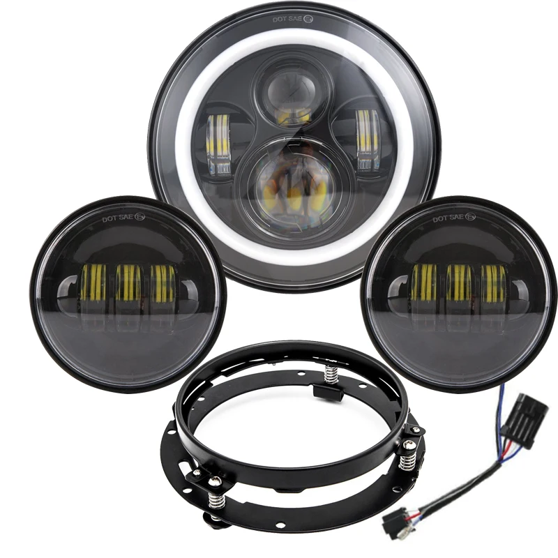 

Motorcycle LED Projector Halo Headlight 7"Inch + 4 1/" 4.5Inch LED Auxilary Passing Lights for Touring Electra Glide Road King