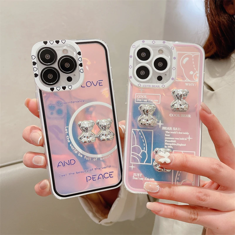 

INS Korea Cartoon 3D Bear Clear Soft Case For iPhone 14 13 12 11 Pro Max X XR XS Fairy Laser Lens Protection Silicone Back Cover